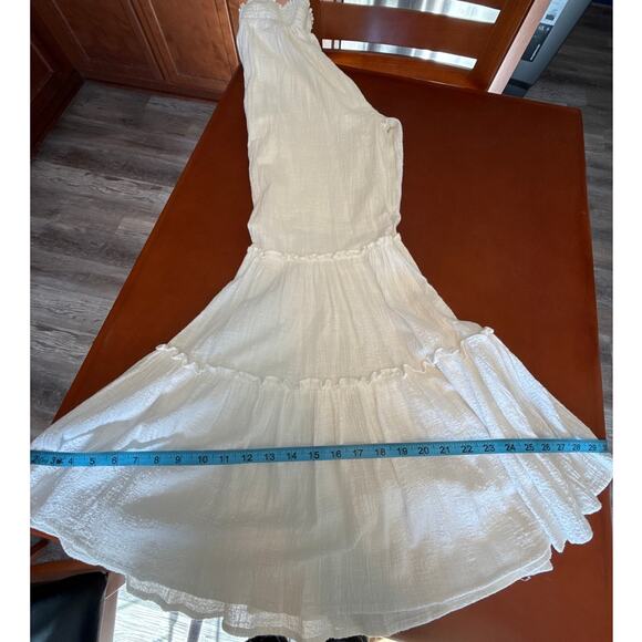 Storia Cream Wide Leg Ruffle Boho Pants Smocked Waist Tiered Hem L - Picture 7 of 8